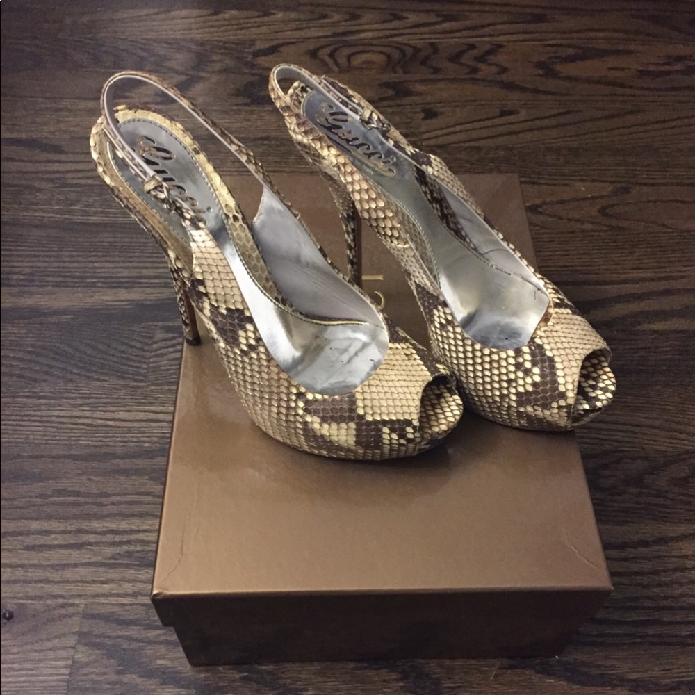 Gucci Python Peep-Toe, Sling Back, Platform Heels - image 1